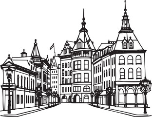 Obraz premium Old Gothic architecture, towers, castles. Hand drawn vector illustration