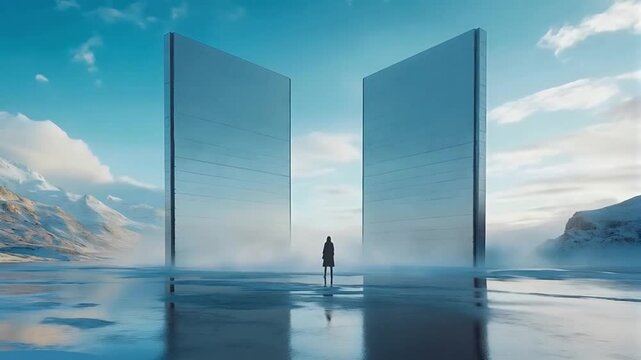 Mysterious figure, contemplative mood, standing between two monoliths, surreal landscape with fog
