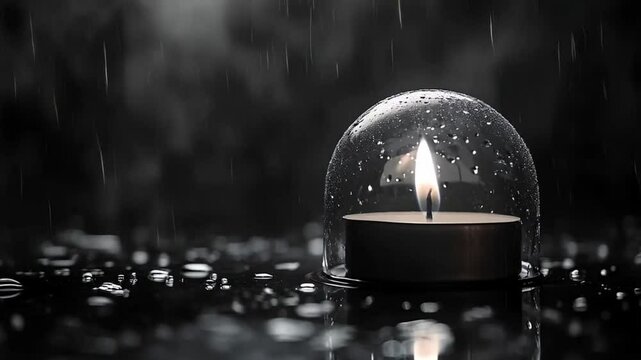 Candle in glass dome, serene mood, illuminated in the rain, dark and atmospheric background
