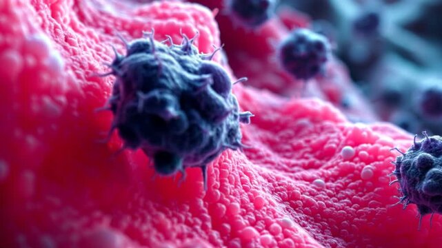 Pneumococcus bacteria causing pneumonia. Microscopic close-up of lung tissue with dark purple pneumococcus bacteria invading pale pink alveolar cells, with realistic bacterial textures