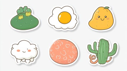 Cute food and nature stickers; playful designs for kids' crafts