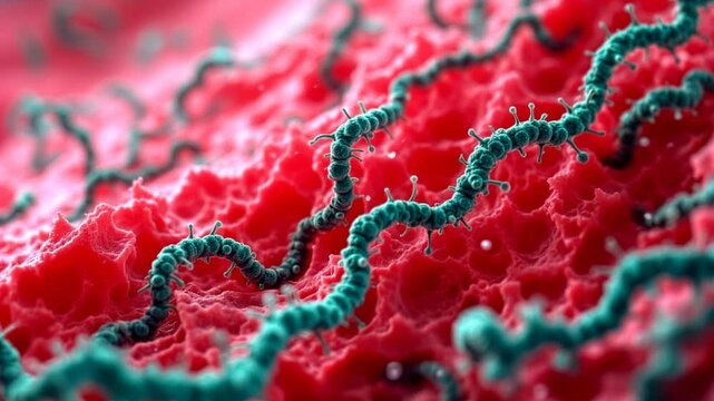 Streptococcus bacteria in the throat. Microscopic close-up of throat tissue with chains of dark greenish streptococcus bacteria cling to jagged, pink mucosal cells, releasing toxin droplets.