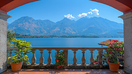 Breathtaking view of mountains and lake from a balcony during bright sunny day