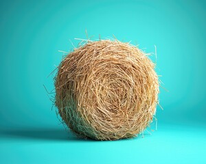 Round straw bale on a vibrant turquoise background, emphasizing texture and color