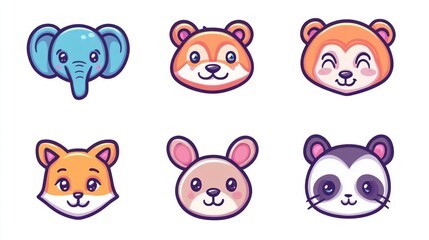 Fototapeta premium Cute animal faces; illustration for children's book, card, or website
