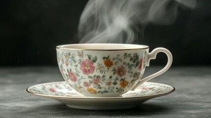 Fototapeta premium Floral Teacup & Saucer: Steaming Hot Drink