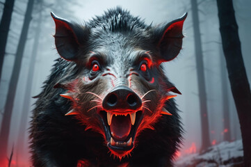 Wild Boar with Glowing Eyes in Forest, AI Generated Digital Art with Dynamic Shapes and Colors