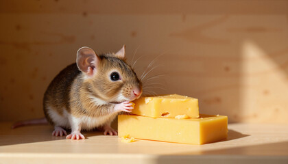 Fototapeta premium Mouse nibbling cheese in a pantry, peaceful serenity