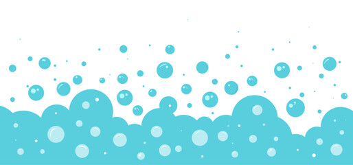 Foam water bubble background, soap pattern, cartoon soda, bath blue border, sea, wash, shampoo. Laundry transparent suds, drink fizz bg. Abstract vector illustration