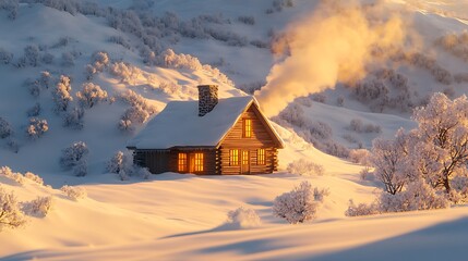 A secluded winter cabin surrounded by snow-covered hills, golden light spilling from the windows, smoke rising gently from the chimney, and a blanket of snow covering the landscape.