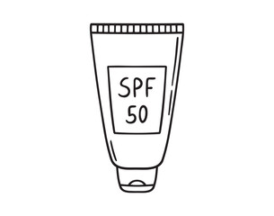 sunscreen tube lotion 50 SPF for protection from ultraviolet light doodle hand drawn icon. Outline drawing sunscreen tube line clipart symbol