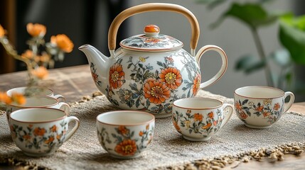 Floral Tea Set: Teapot & Cups