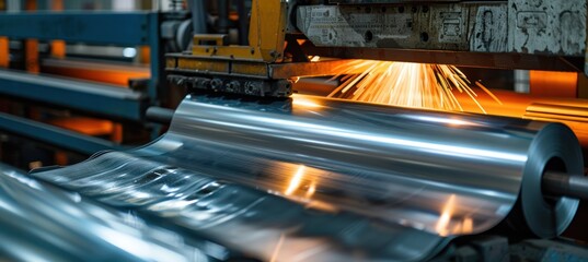 Obraz premium Industrial Worker Operating Aluminum Sheet Rolling Machine with Sparks in Factory Setting