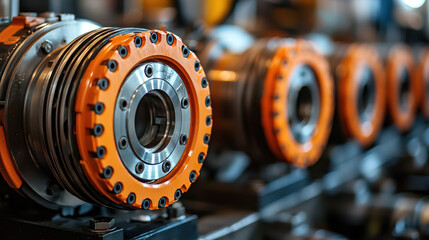 Industrial machinery shows detailed close-up of gear components and tubing with vibrant orange accents being assembled in a factory