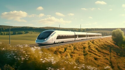 Fototapeta premium A photo of a modern train speeding through scenic view