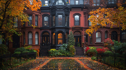 Vibrant autumnal street view of historic townhouses adorned with fall foliage in a serene neighborhood