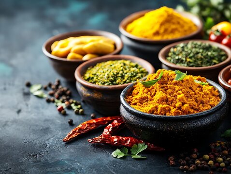 Various colorful spices arranged in small ceramic bowls on a surface