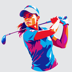 Female golfer in focused mood swinging golf club in colorful pop art style