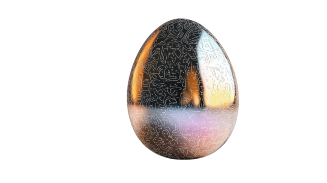 Digital Easter egg with augmented reality patterns and metallic shine, resting on a plain white background with no shadows, for a futuristic Easter atmosphere.