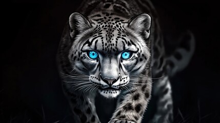 Obraz premium A beautiful snow leopard with glowing blue eyes, looking straight at the camera, fierce and strong, with white fangs showing; the background is black.