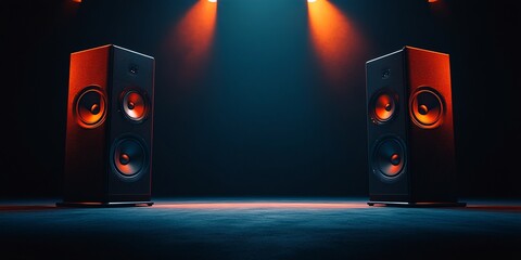 Powerful stereo speakers illuminated by dramatic red and blue lighting. Perfect for a music or audiophile concept.