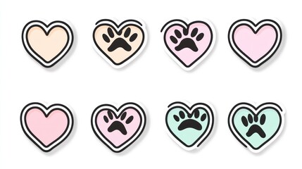Colorful Heart Stickers With Paw Prints, White Background, Graphic Design