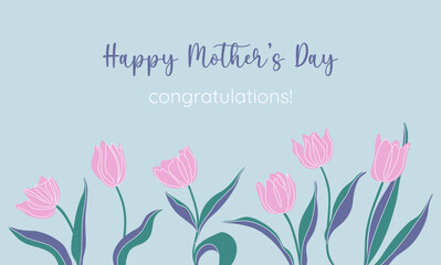 Mother's Day horizontal banner. Springtime background with tulips. Floral festive design template for ads promo. Hand drawn vector illustration.
