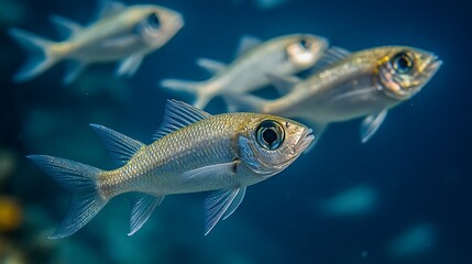 Fototapeta premium School of Fish Swimming Underwater with Sunlight, A school of fish swimming underwater with sunlight streaming through the water