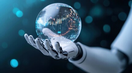 Robot hand holding digital globe with financial data