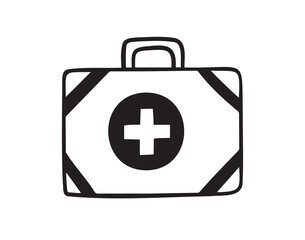 Obraz premium First aid kit hand drawn doodle icon. Drawing first aid kit case icon. Treatment, medicine concept.