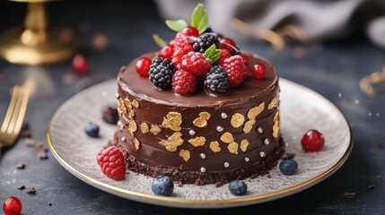 Decadent Chocolate Cake with Fresh Berries and Golden Leaf Decoration