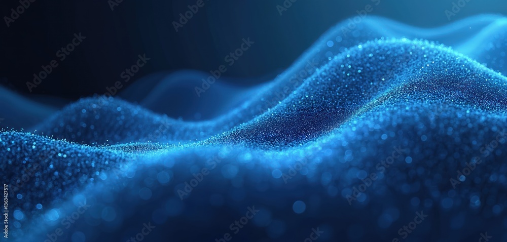 Poster Abstract illustration of blue particles wave background. Dynamic mesh, big data technology. Futuristic digital data flow visualization, concept for tech, network, digital transformation. Suitable for