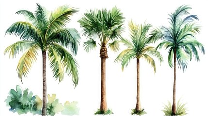 Watercolor set with palm trees and leaves floral plants elements, set of a watercolor palm tree with coconuts, tropical plants on a white background.
