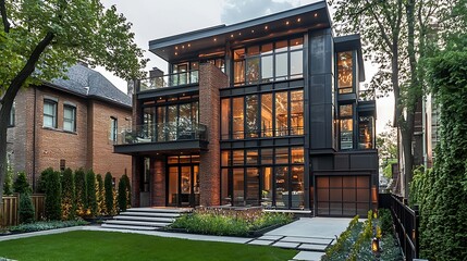 Contemporary urban home with sleek iron elements, geometric design, and city backdrop.