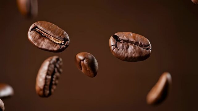 Roasted coffee beans falling in slow motion. Food background for advertising.