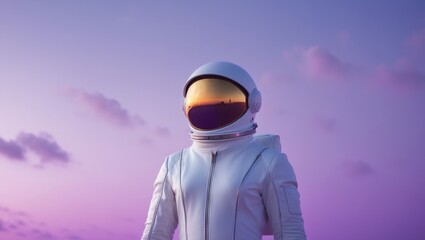 Man in a space suit stands in front of a purple sky