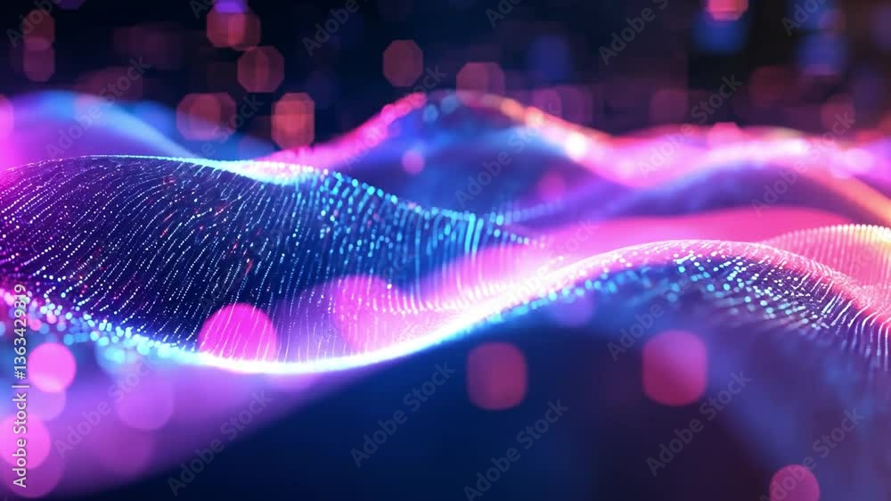 Poster abstract digital wave: a mesmerizing display of digital particles forms flowing, wave-like patterns 