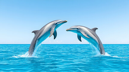 Two dolphins leap gracefully from the ocean, against a vibrant blue sky