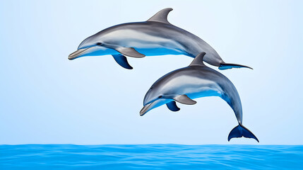 Two dolphins leap playfully from ocean waves against a light blue sky