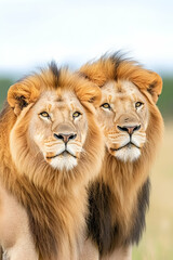 Fototapeta premium Two majestic male lions stand side-by-side, gazing intently