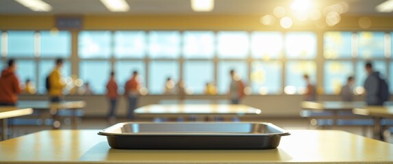 Empty Food Tray in Blurred School Cafeteria