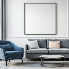 Modern living room with gray sofa, blue armchair, and large square frame.