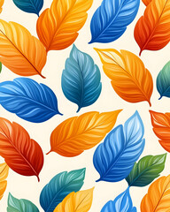 Obraz premium Vibrant autumn leaves pattern in blue, orange, and yellow hues on a beige background