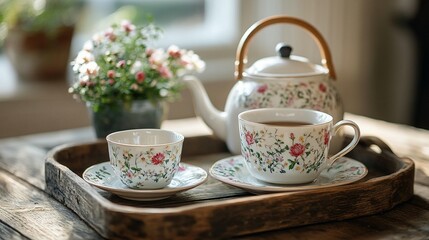 Fototapeta premium Floral Teacup & Teapot on Tray