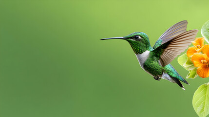 Fototapeta premium Vibrant hummingbird in flight near orange blossoms