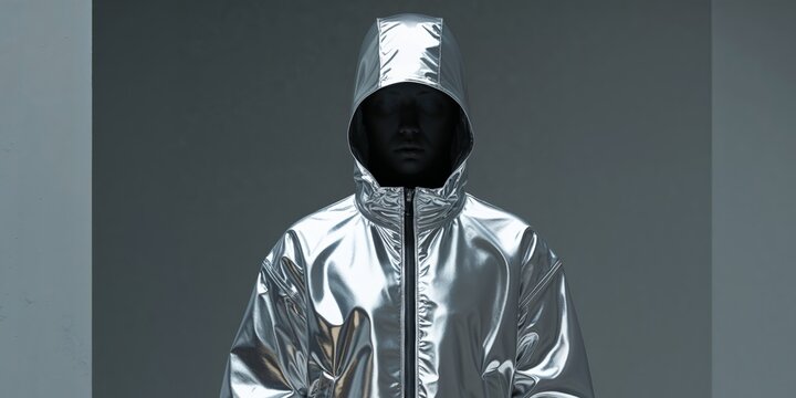 Hooded Figure in Reflective Metallic Jacket