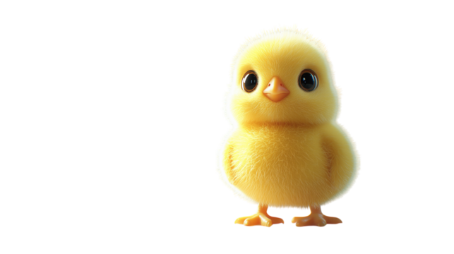 Single realistic Easter chick standing on a plain white background with no shadows, showcasing simplicity and elegance for the holiday.