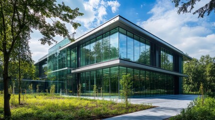 Obraz premium Ultra-modern eco-friendly building with large windows, surrounded by trees and renewable energy sources. generative ai