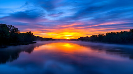 Fototapeta premium Vibrant sunrise over calm river, mist reflecting colorful sky