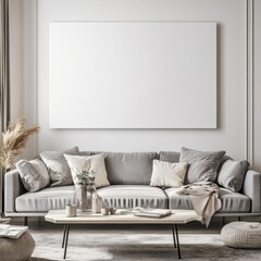Modern living room with gray sofa, coffee table, and large blank canvas.